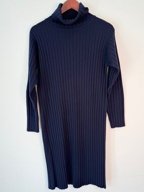 Vintage 90's Apart 100% Merino Wool Sweater Dress Turtleneck Navy Ribbed Knit